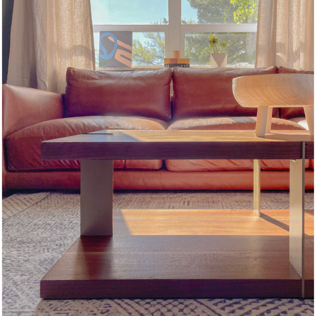 Contemporary 2-Level Rectangular Wood Walnut Coffee Table With Metal Legs in Living Room