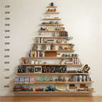 Wooden shelves with various items against a white wall, with shelf measurements on the left.