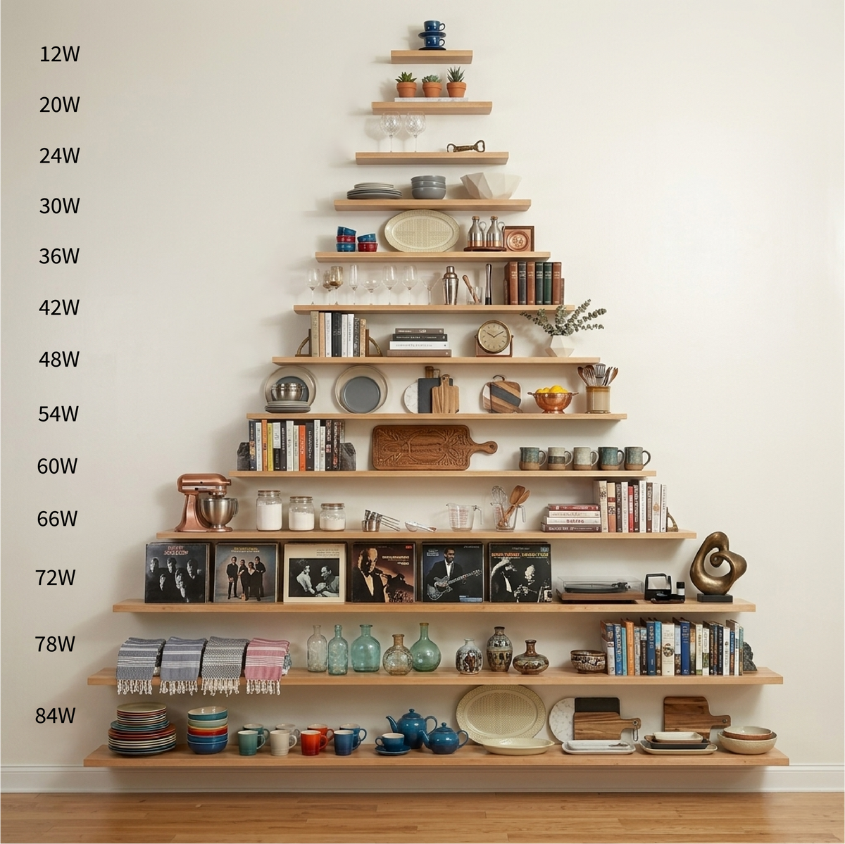 Wooden shelves with various items against a white wall, with shelf measurements on the left.