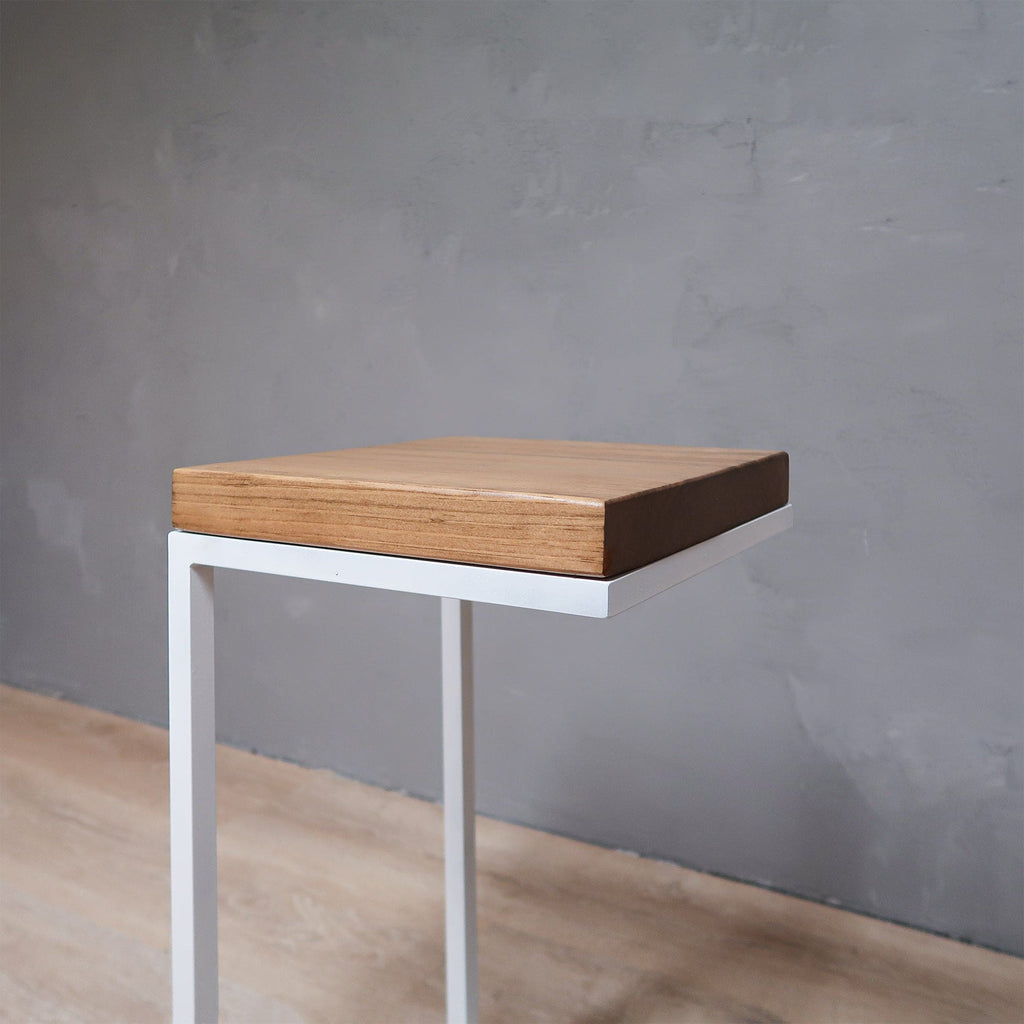 Rustic End Table C-Shape with White Metal Base in Aged Oak Color