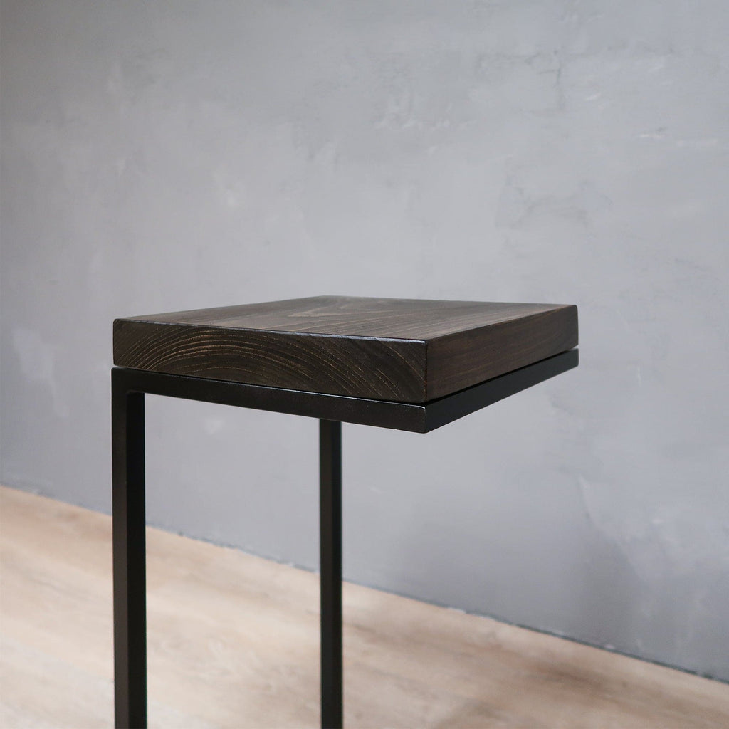 Rustic Wood Side Table C-Shape with Black Metal Base in Jacobean Color