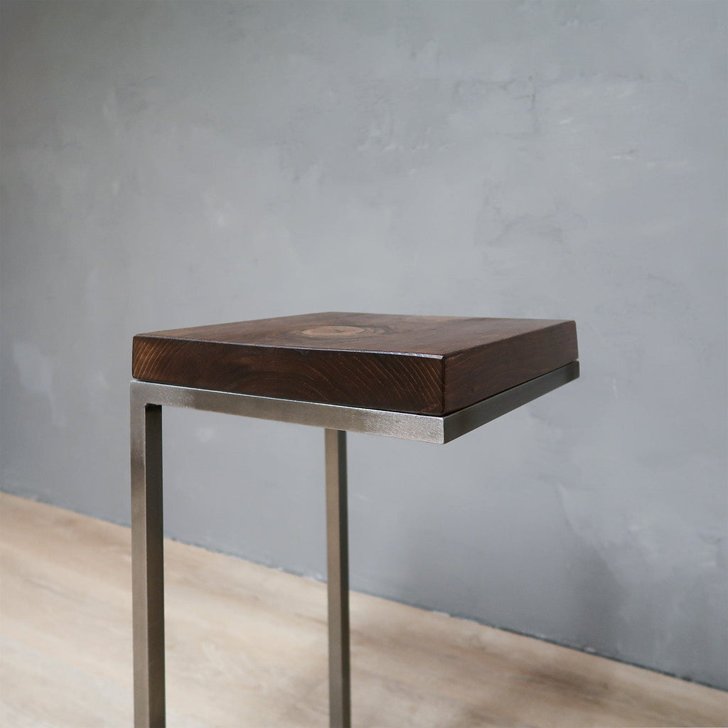 Rustic Wood End Table C-Shape with Grey Metal Base in Jacobean Color