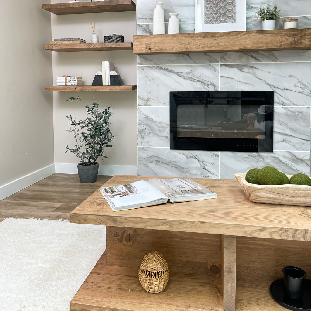 Rustic Cross Base 2-Level Coffee Table in Aged Oak Color in Living Room