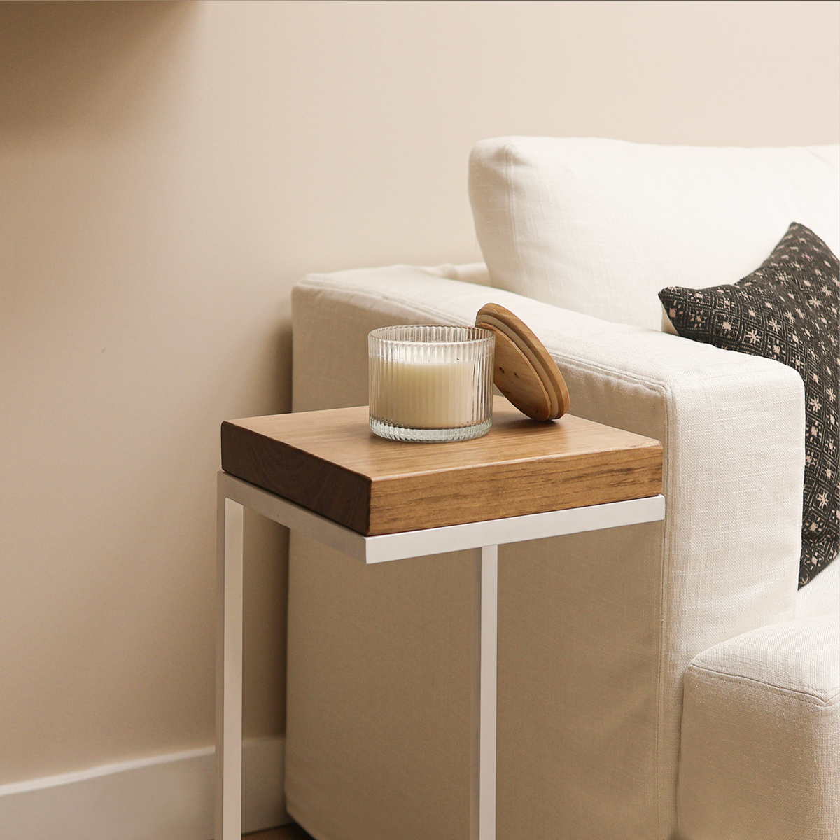 Rustic Pine C-Shaped Side Table with Steel Base – Urbandi