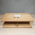 Large 2-Level Rectangular White Oak Wood Coffee Table With Gold Metal Legs