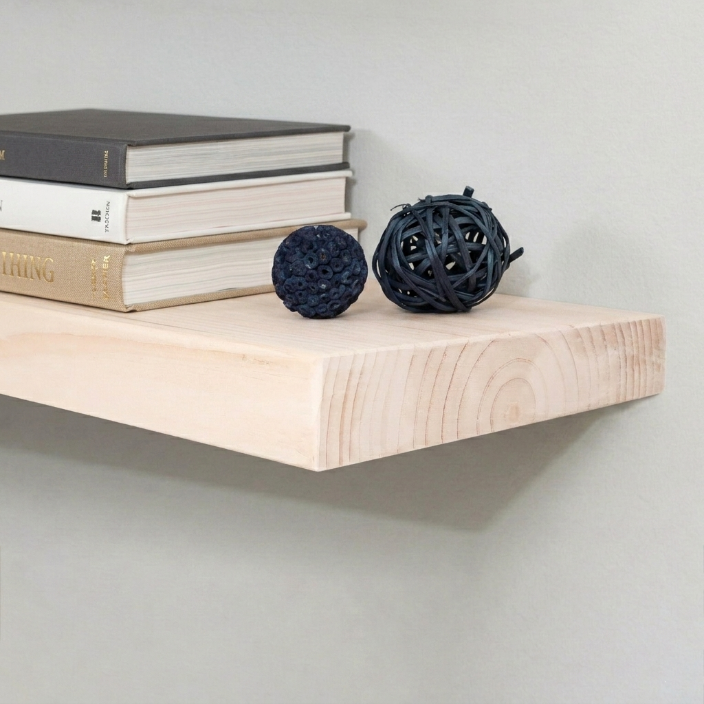 Wooden floating shelf with books and decorative balls on a plain background