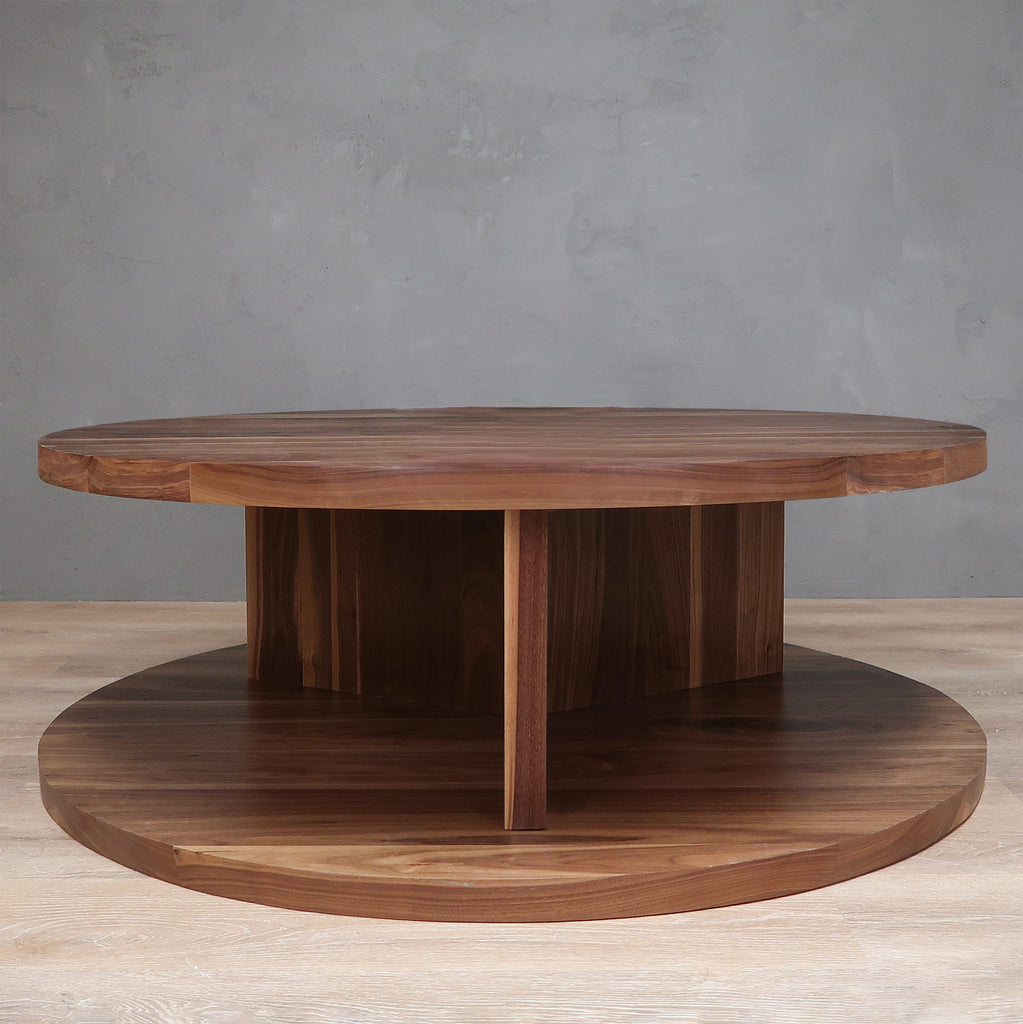 2-Level Round Walnut Wood Coffee Table with Y Base