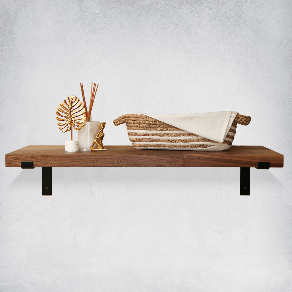 Walnut Wood Shelf with J Brackets in Living Room