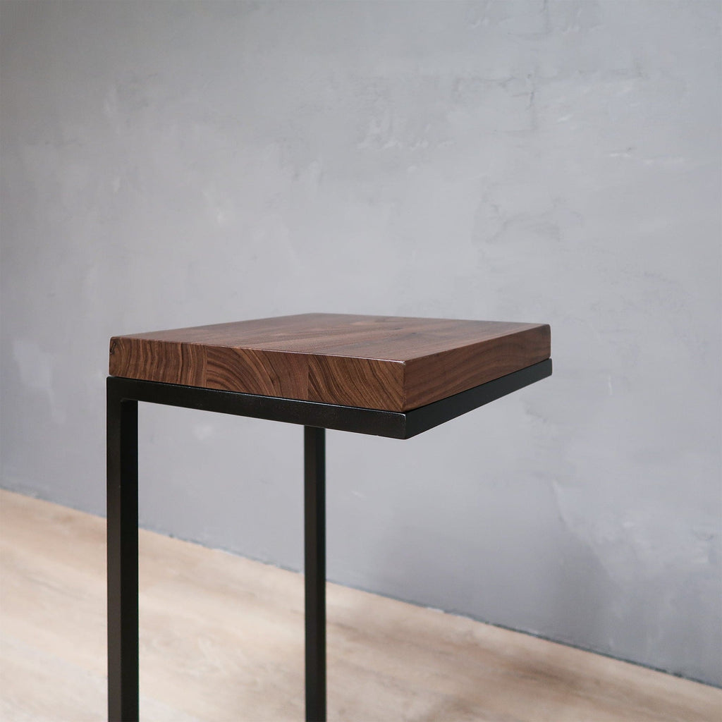 Walnut Wood Side Table C Shape with Black Metal Base