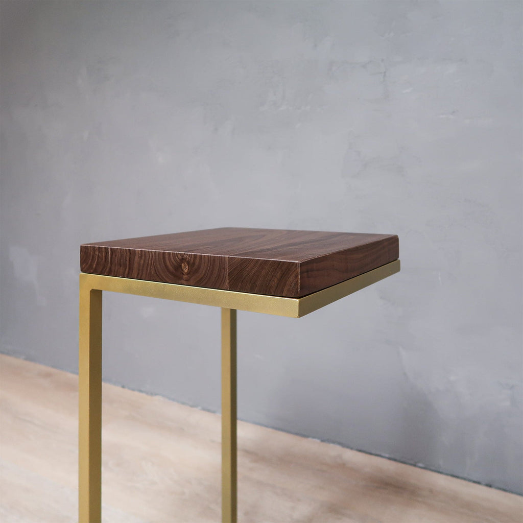 Modern Walnut Wood Side Table C Shape with Gold Metal Base