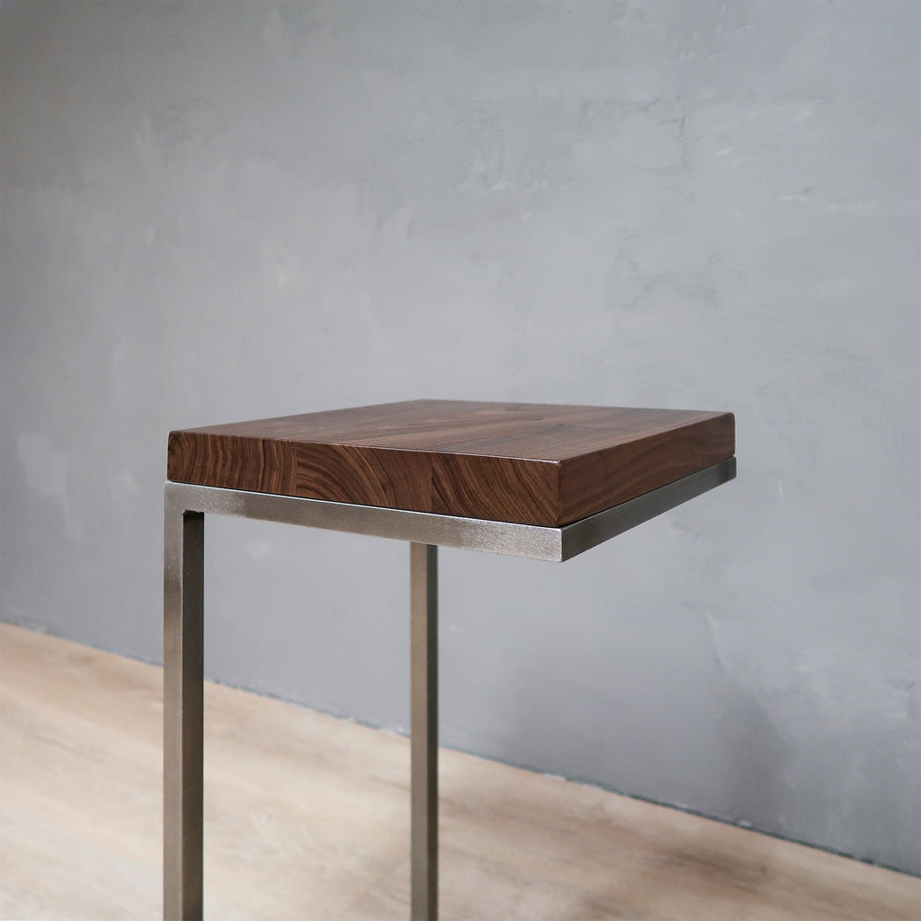 Walnut Wood Side Table C Shape with Grey Metal Base