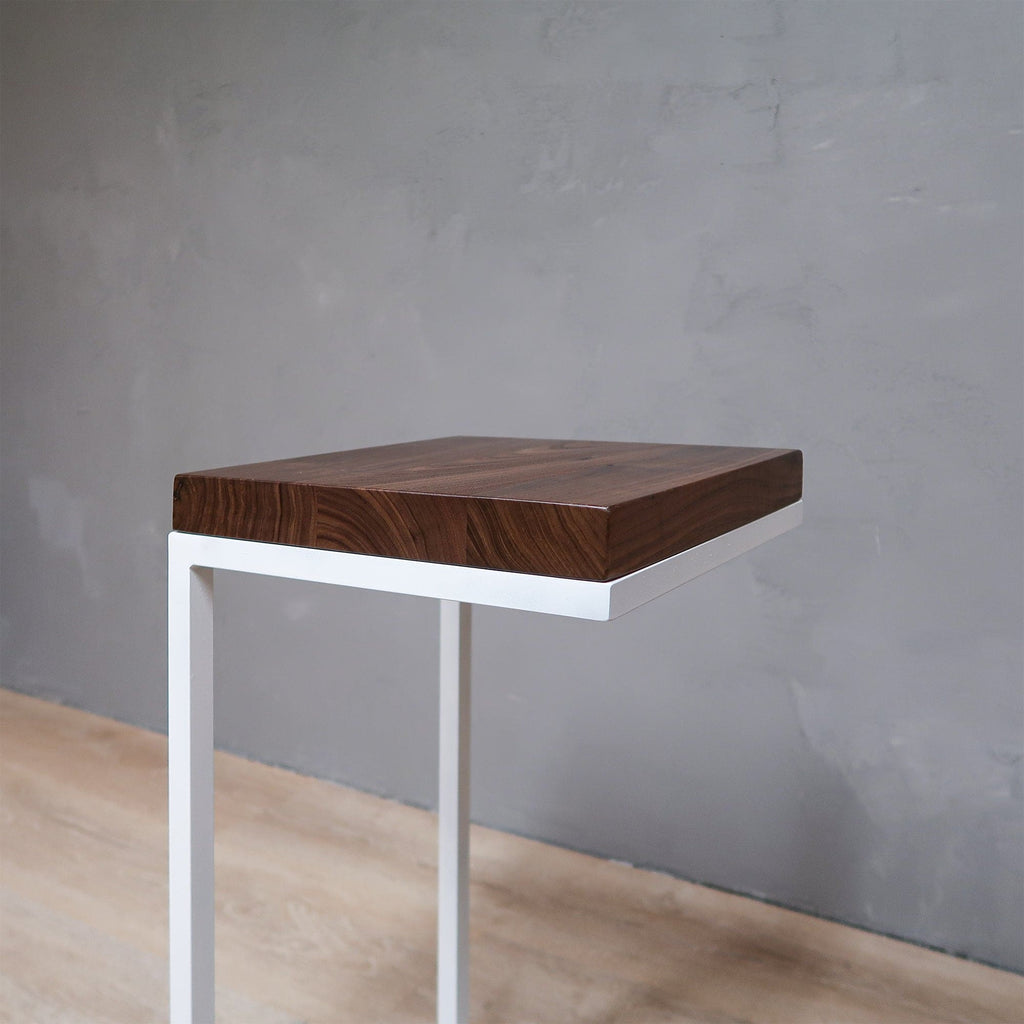 Walnut Wood Side Table C Shape with White Metal Base