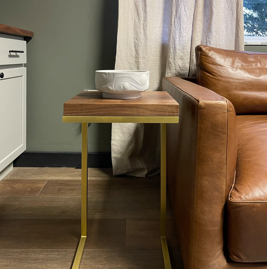 Walnut Wood Side Table C Shape with Gold Metal Base in Kitchen near Sofa
