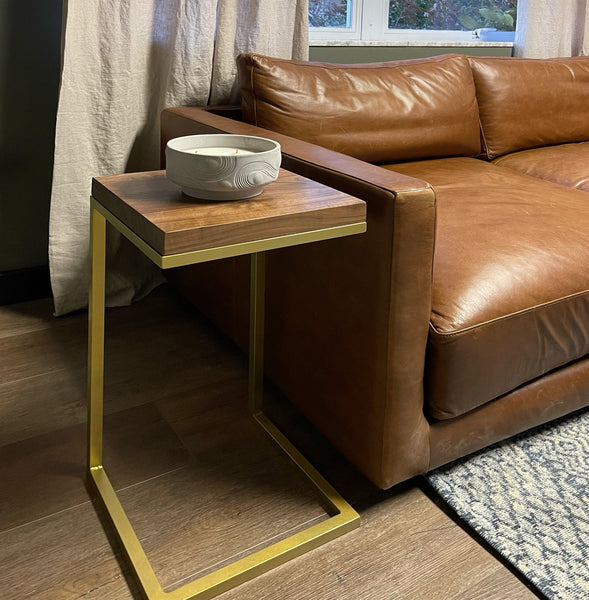 Walnut Wood Side Table C Shape with Gold Metal Base in Living Room near Sofa