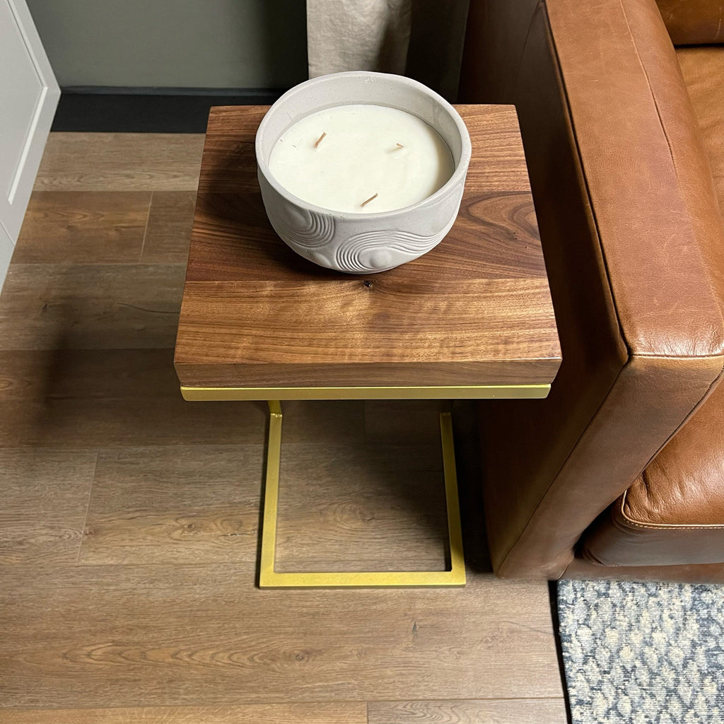 Walnut Wood End Table C Shape with Gold Metal Base in Kitchen near Sofa