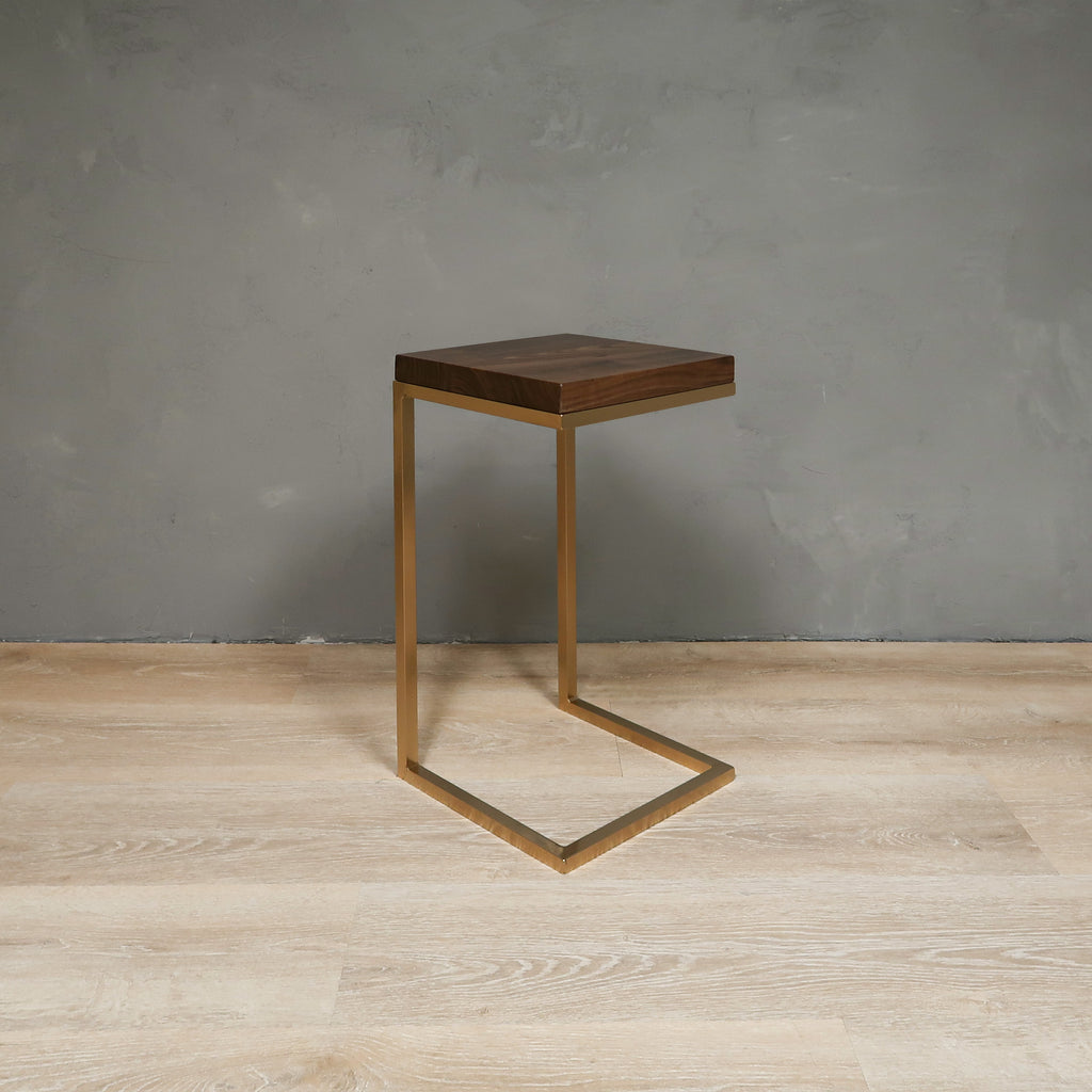 Walnut C shape side table with gold base