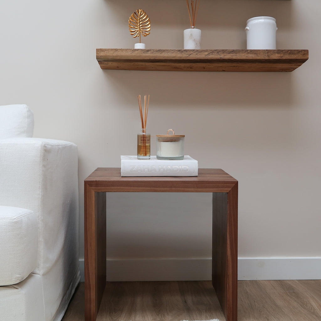 Walnut Wood Waterfall Side Table Near Sofa in Living Room