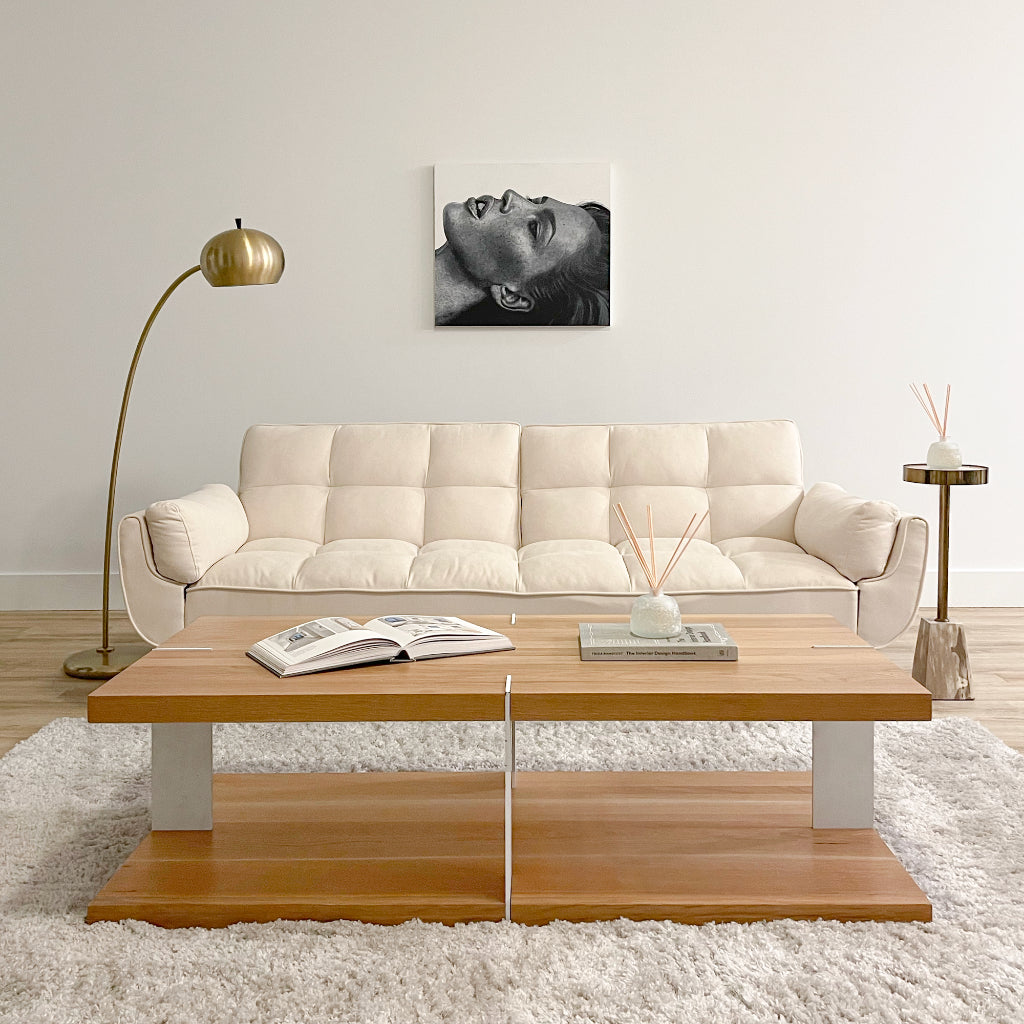 Large 2-Level Rectangular White Oak Wood Coffee Table With White Metal Legs in Living Room