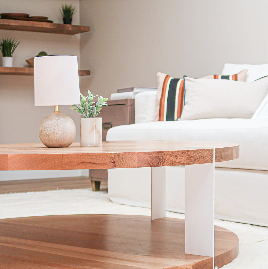 2-Level Round White Oak Wood Coffee Table with White Metal Accent in Living Room