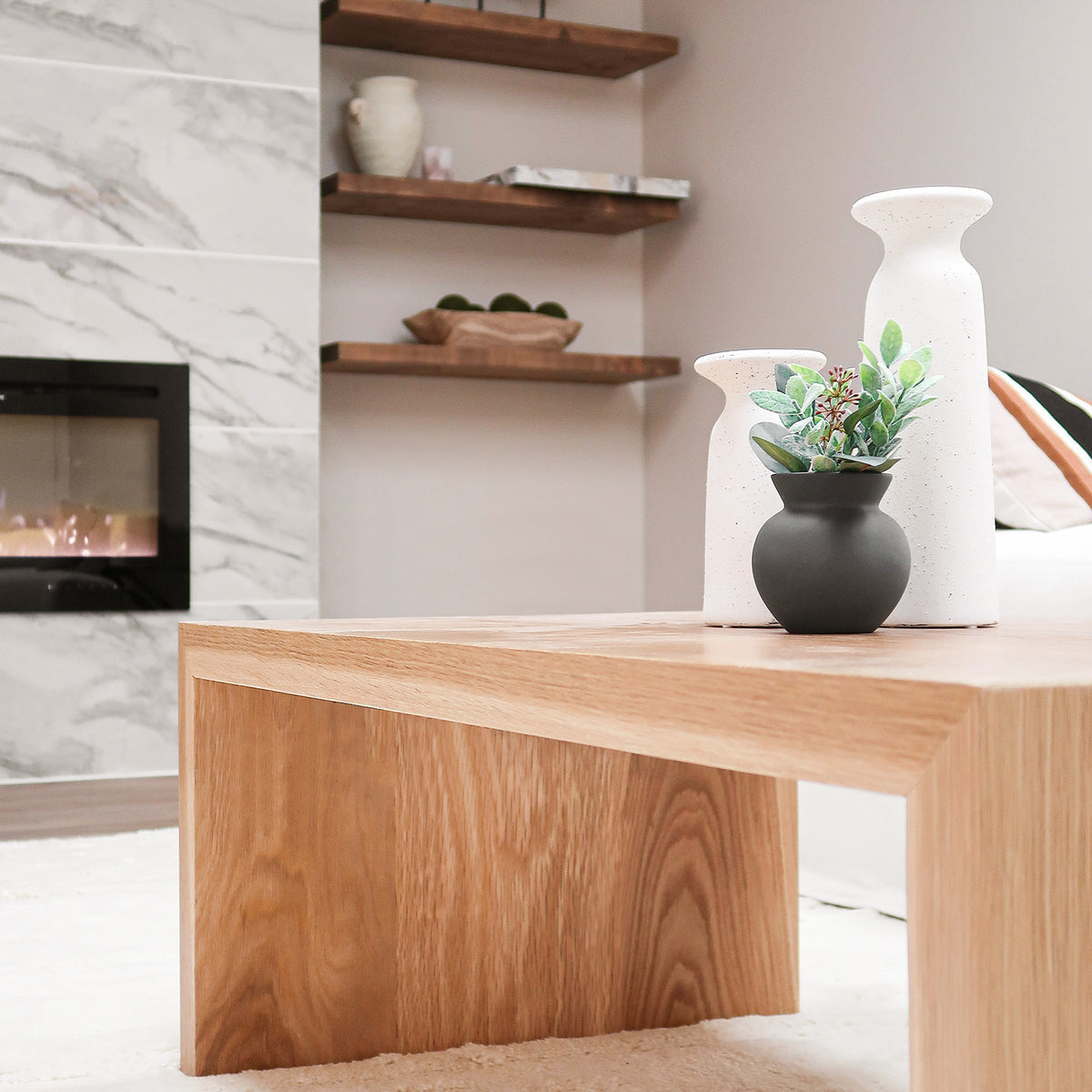 White Oak Wood Waterfall Coffee Table near Fireplace in Living Room