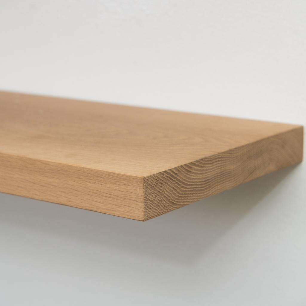 Wooden unfinished white oak floating shelf on a white background