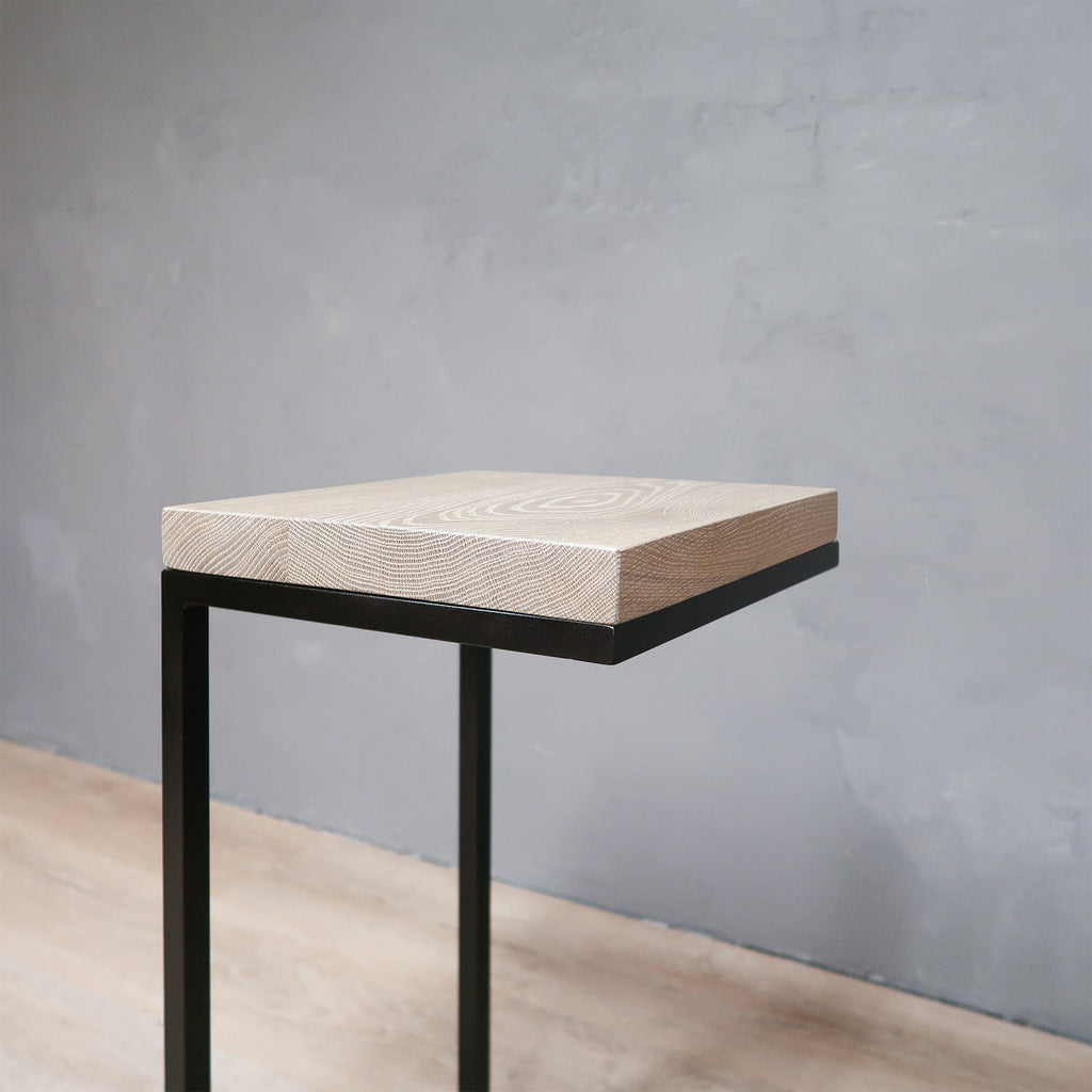 Unfinished White Oak Wood Side Table C Shape with Black Metal Base