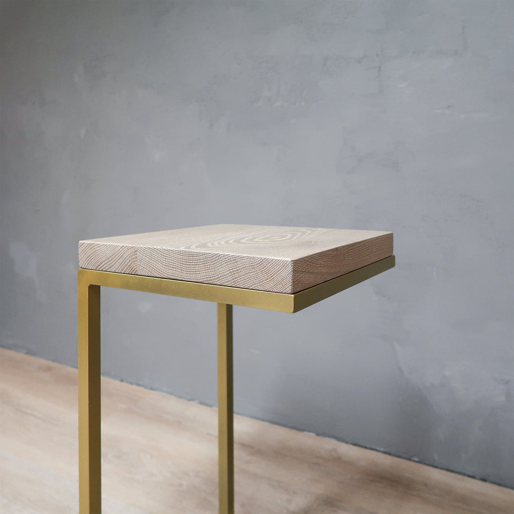 Unfinished White Oak Wood Side Table C Shape with Gold Metal Base