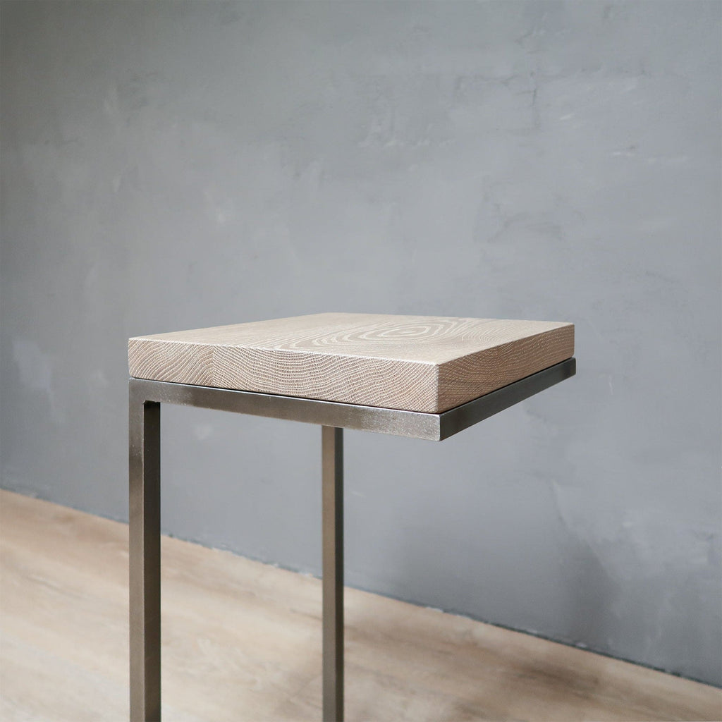 Unfinished White Oak Wood Side Table C Shape with Grey Metal Base