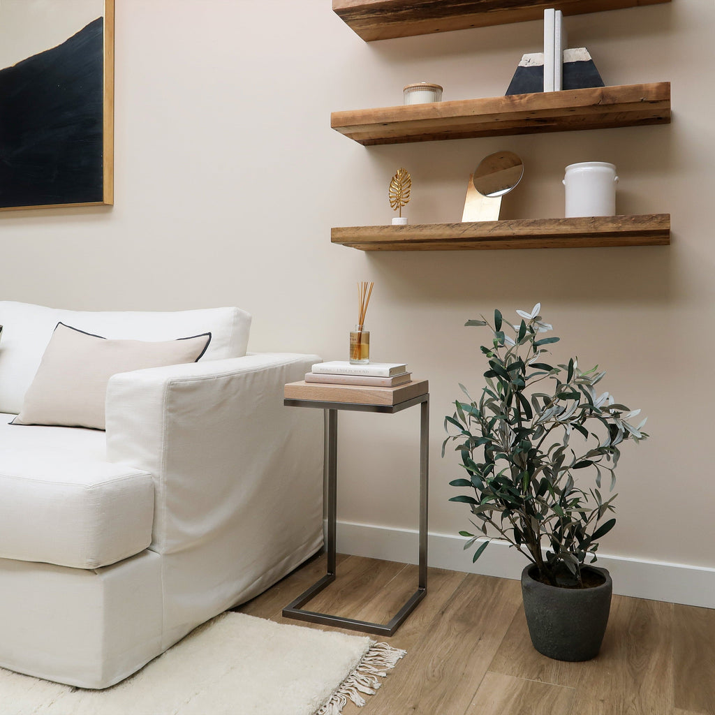 White Oak Wood End Table C Shape in Living Room near Sofa