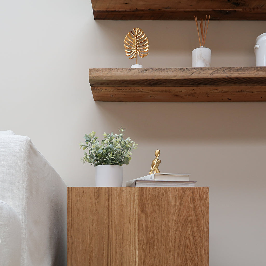 White Oak Wood Square End Table in Living Room near Sofa