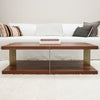Modern 2-Level Rectangular Wood Walnut Coffee Table With Gold Metal Legs in Living Room