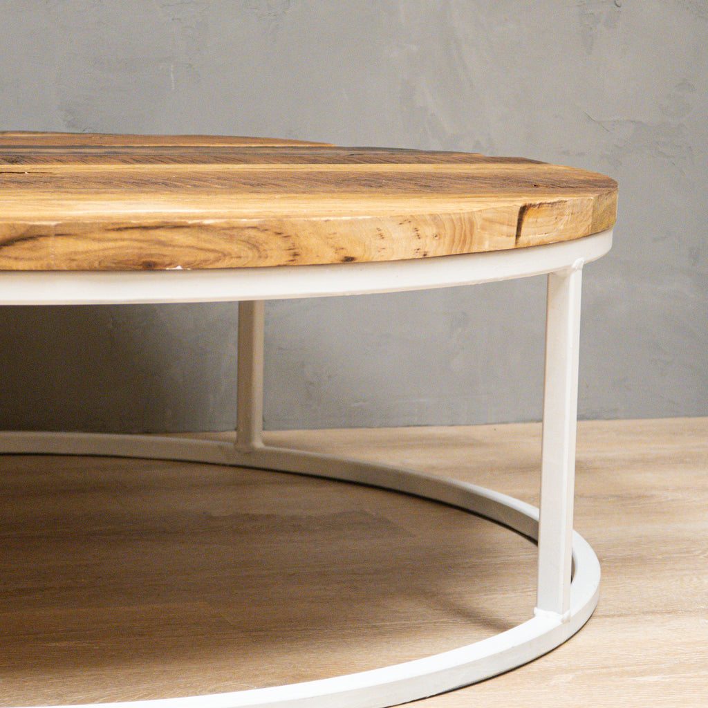 Modern Round Reclaimed Wood Coffee Table with White Metal Base