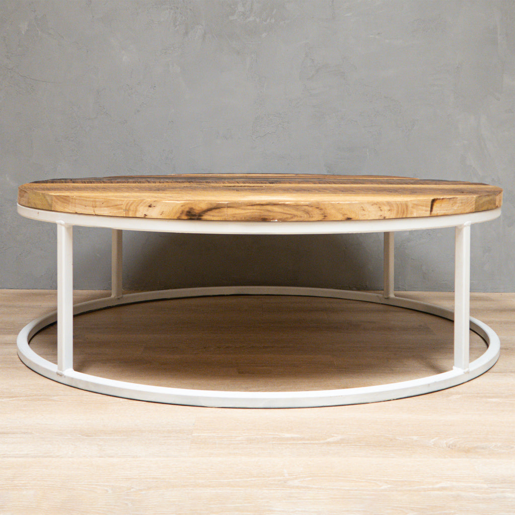 Round Reclaimed Wood Coffee Table with White Metal Base