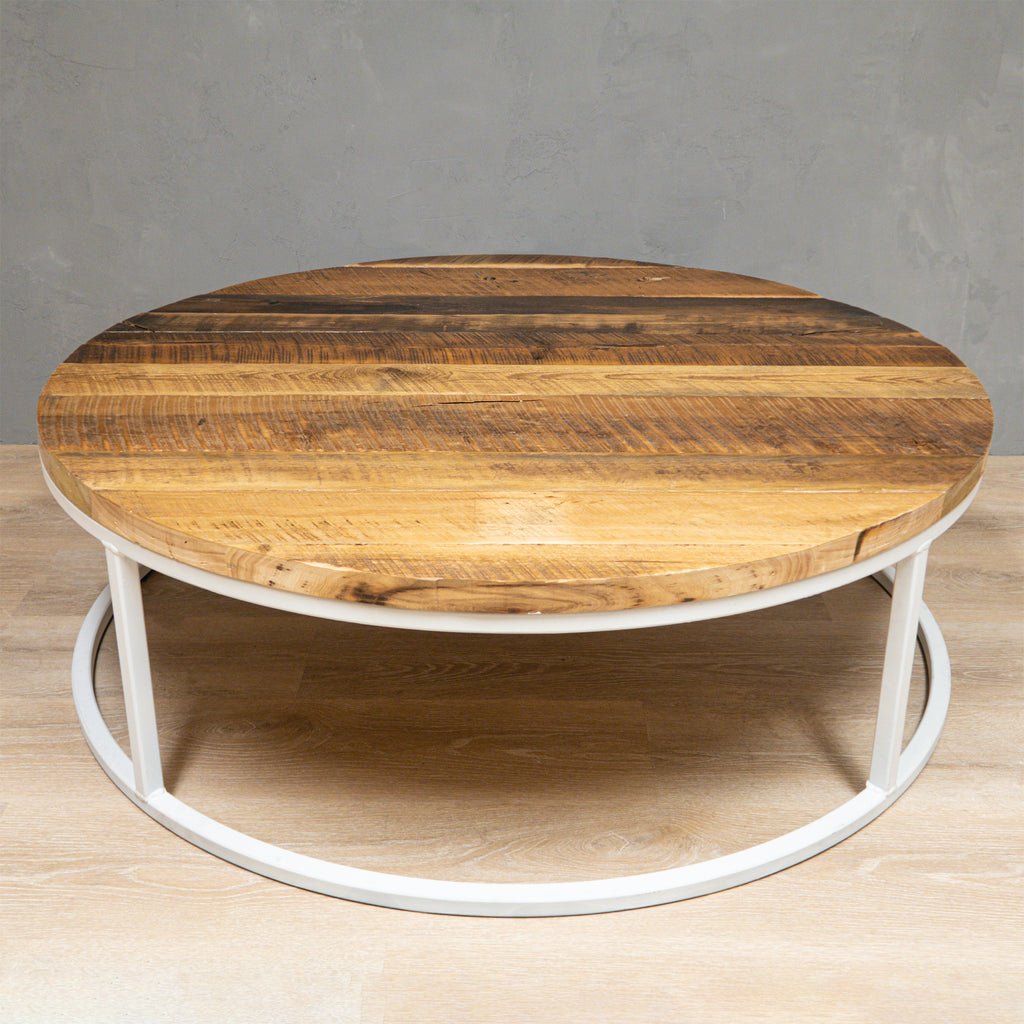 Large Round Reclaimed Wood Coffee Table with White Metal Base