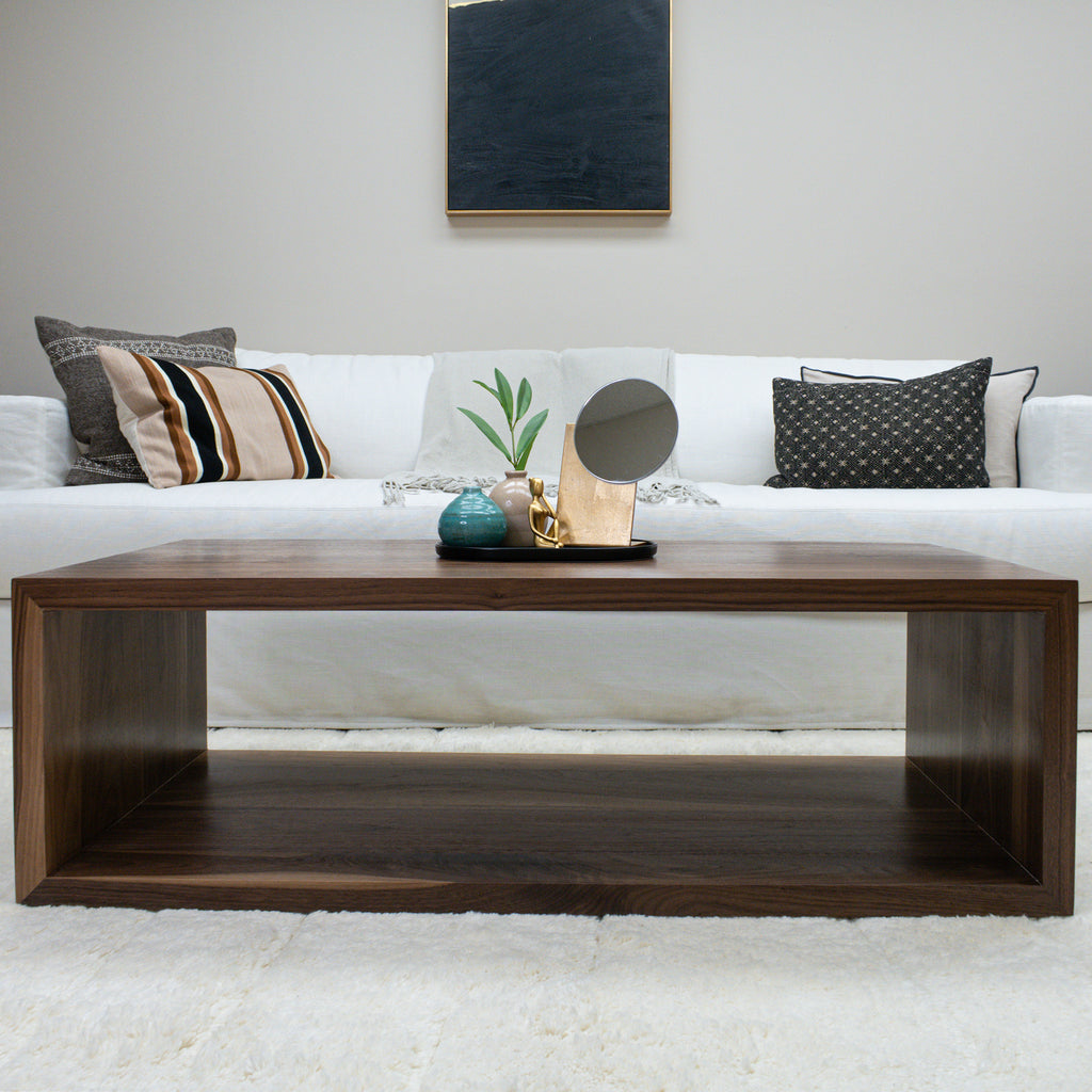 Modern Walnut Wood Square Coffee Table in Living Room