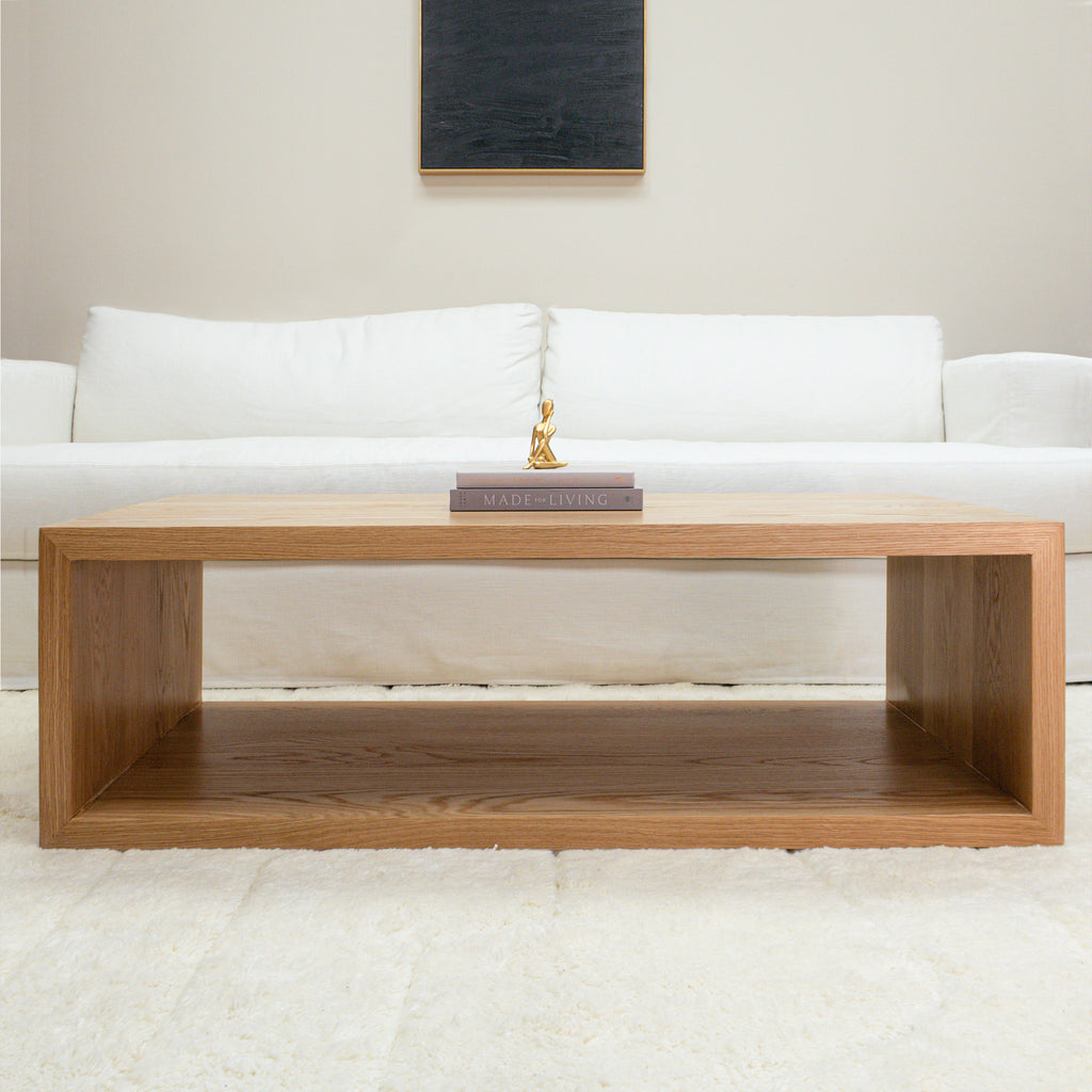 White Oak Wood Square Coffee Table in Living Room Near Sofa