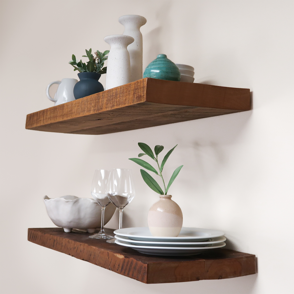Modern Reclaimed Wood Floating Shelves in Kitchen