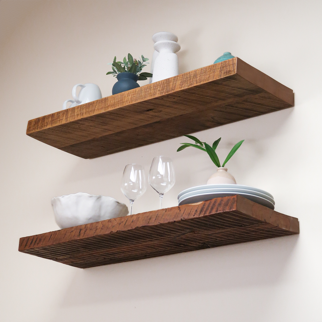 Custom Reclaimed Wood Floating Shelves in Kitchen