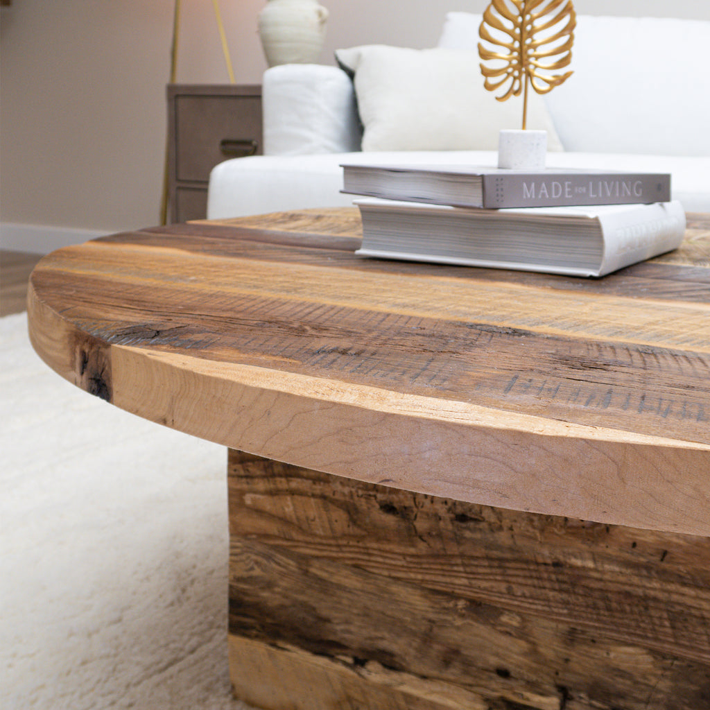 Round Reclaimed Wood Coffee Table With Square Base in Living Room