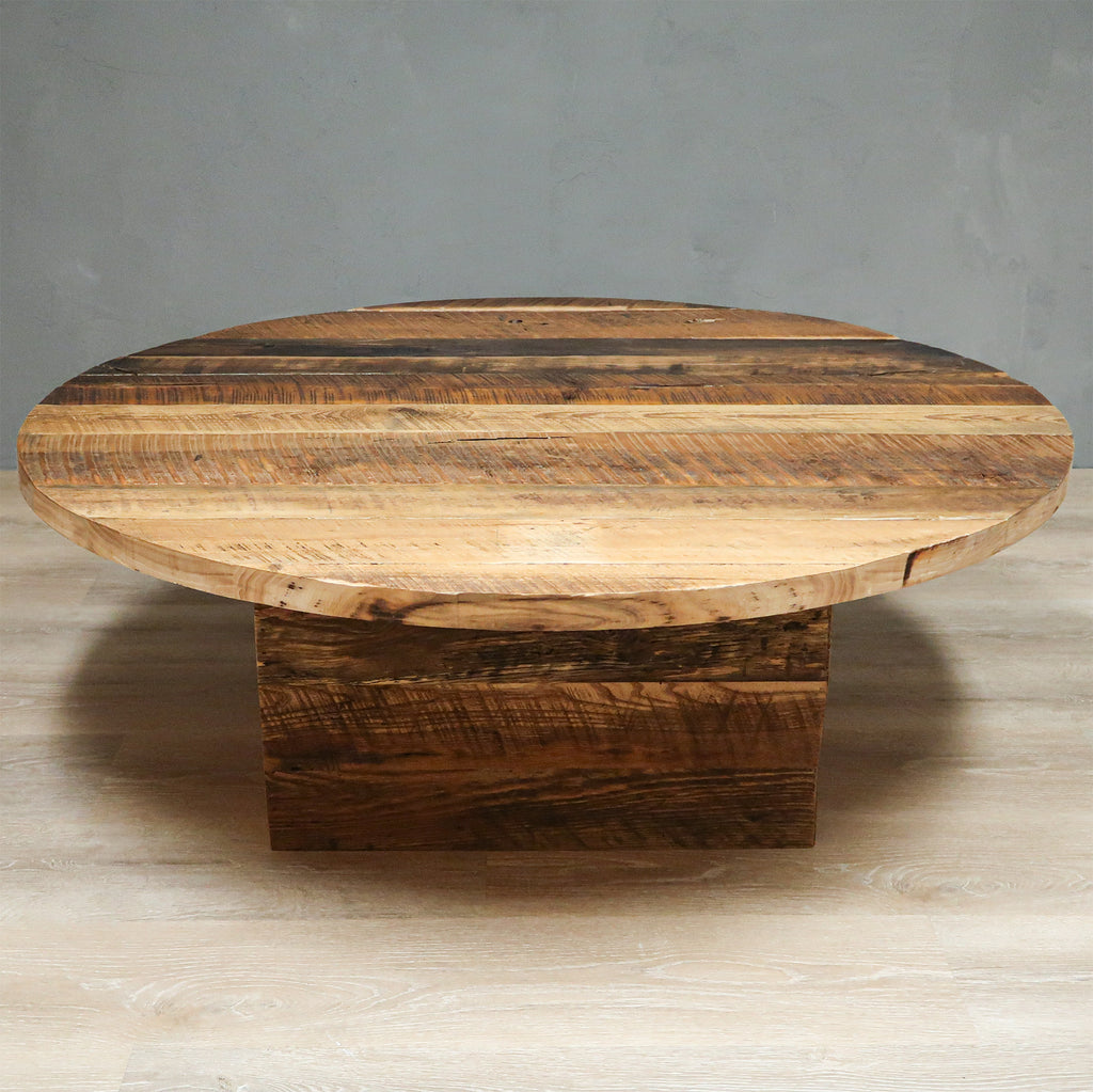 Large Round Reclaimed Wood Coffee Table With Square Base