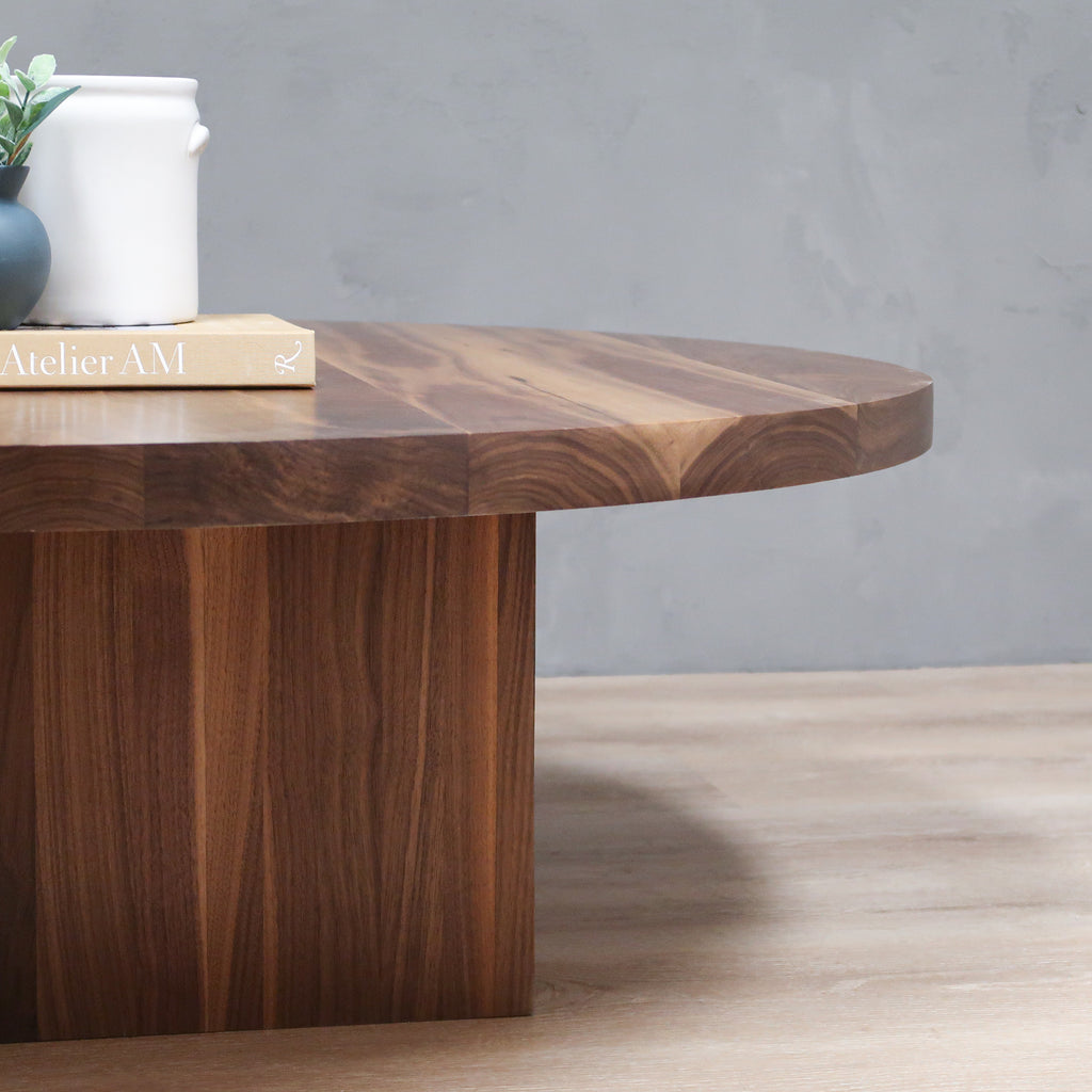 Large Round Walnut Wood Coffee Tables With Square Base