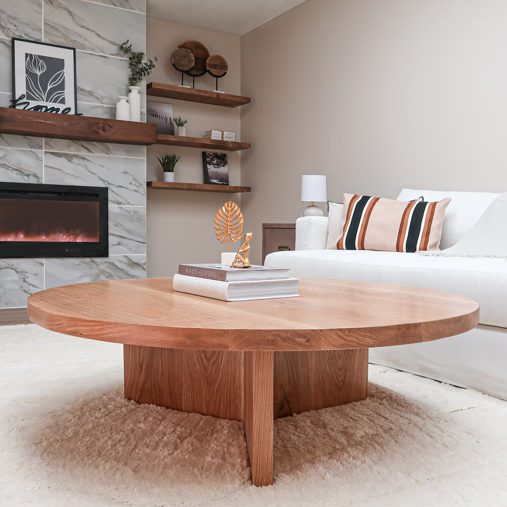 Round White Oak Wood Coffee Table with Y Base in Living Room