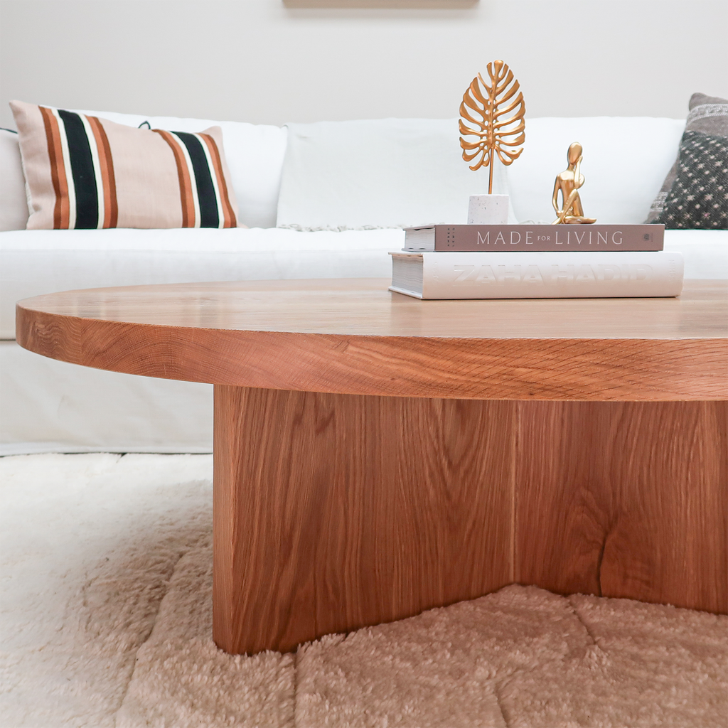 Large Round White Oak Wood Coffee Table with Y Base in Living Room
