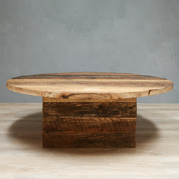Round Reclaimed Hardwood Coffee Table with Square Base