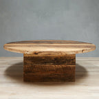Round Reclaimed Hardwood Coffee Table with Square Base