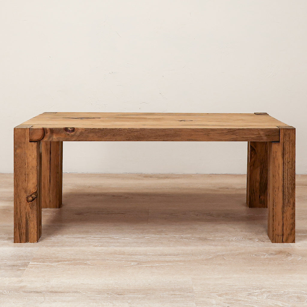 Rustic Wood Coffee Table with Post Legs in Aged Oak Color Style