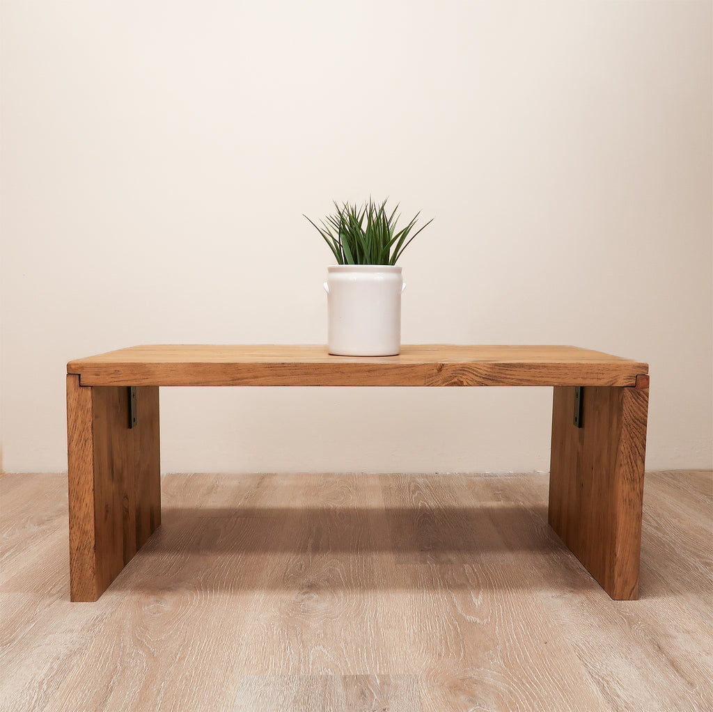 Rustic Wood Waterfall Coffee Table in Aged Oak Color