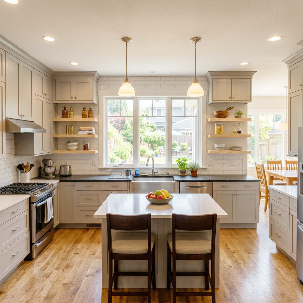 A bright, modern kitchen with white shaker-style cabinets, a central island with two dark wood bar stools, a double sink, and a large window looking out onto a backyard.