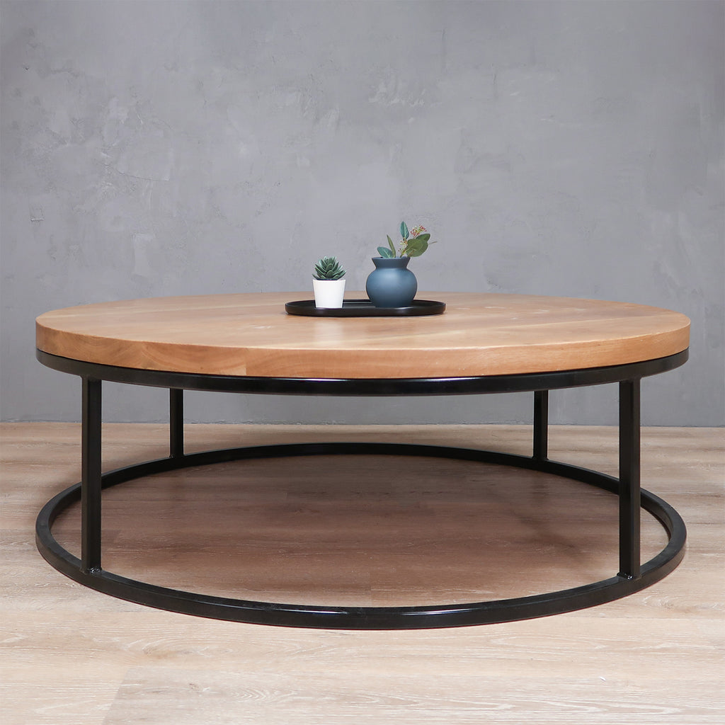 Round White Oak Wood Coffee Table with Black Frame