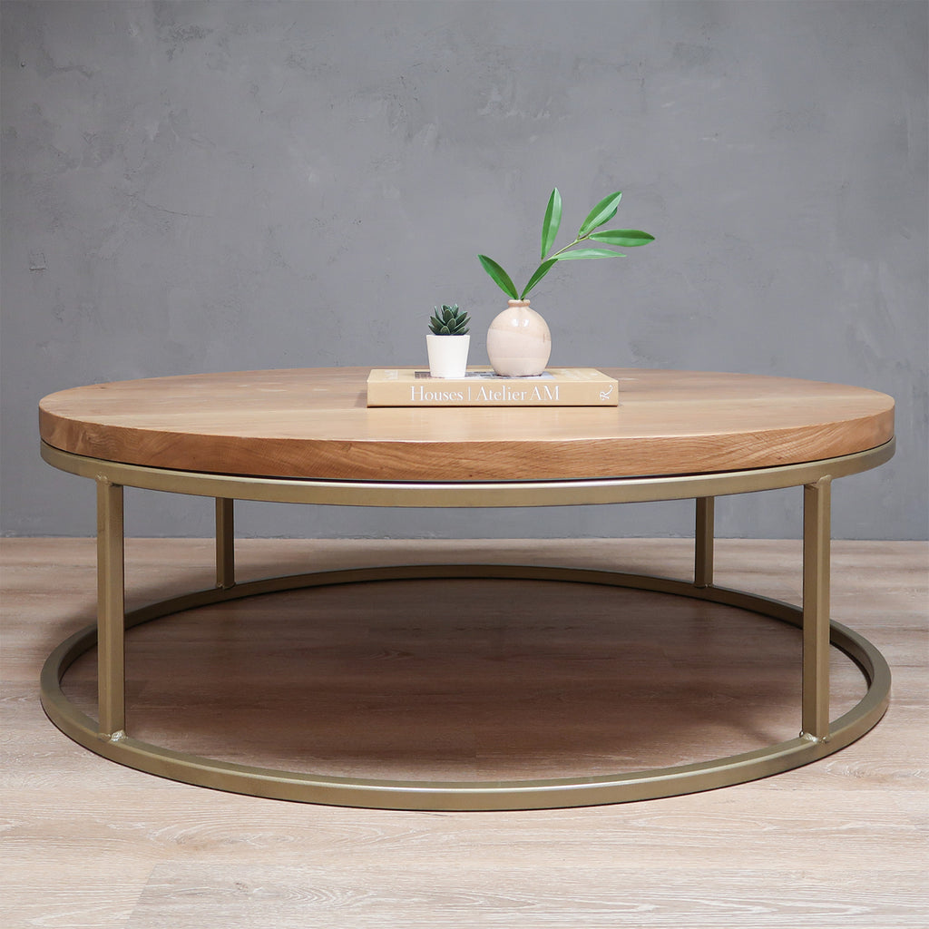 Round White Oak Wood Coffee Table with Gold Frame